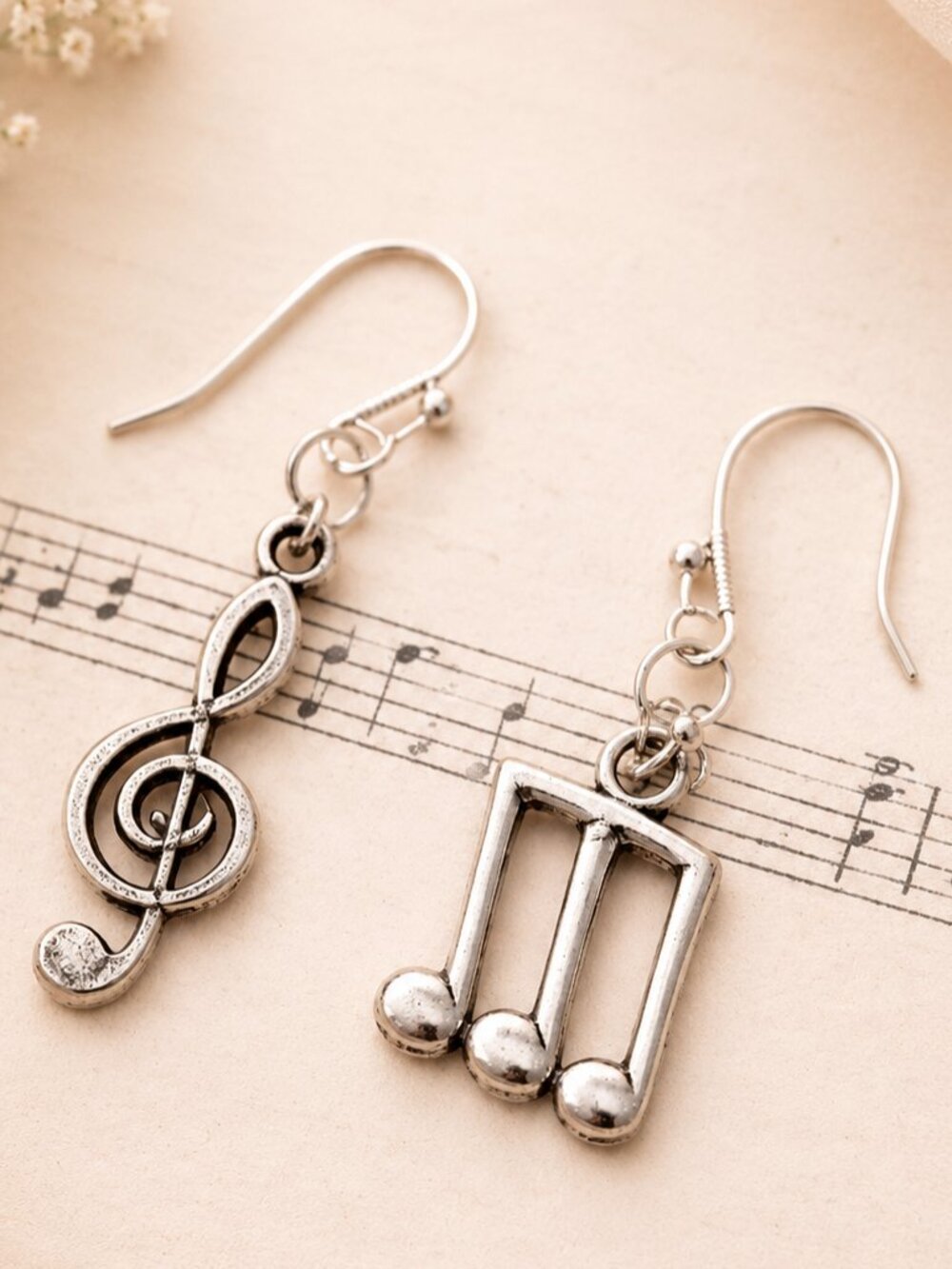 Antiqued Silver Treble Clef Music Note Dangle Earrings Musical